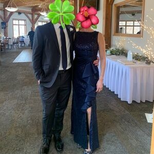 Eliza J. Sequins lace boatneck sleeveless ruffle front slit gown